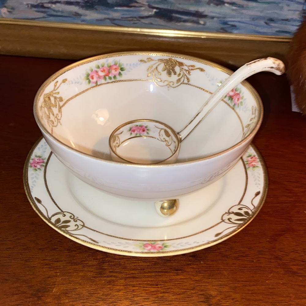 Vintage Nippon footed bowl with saucer and ladle